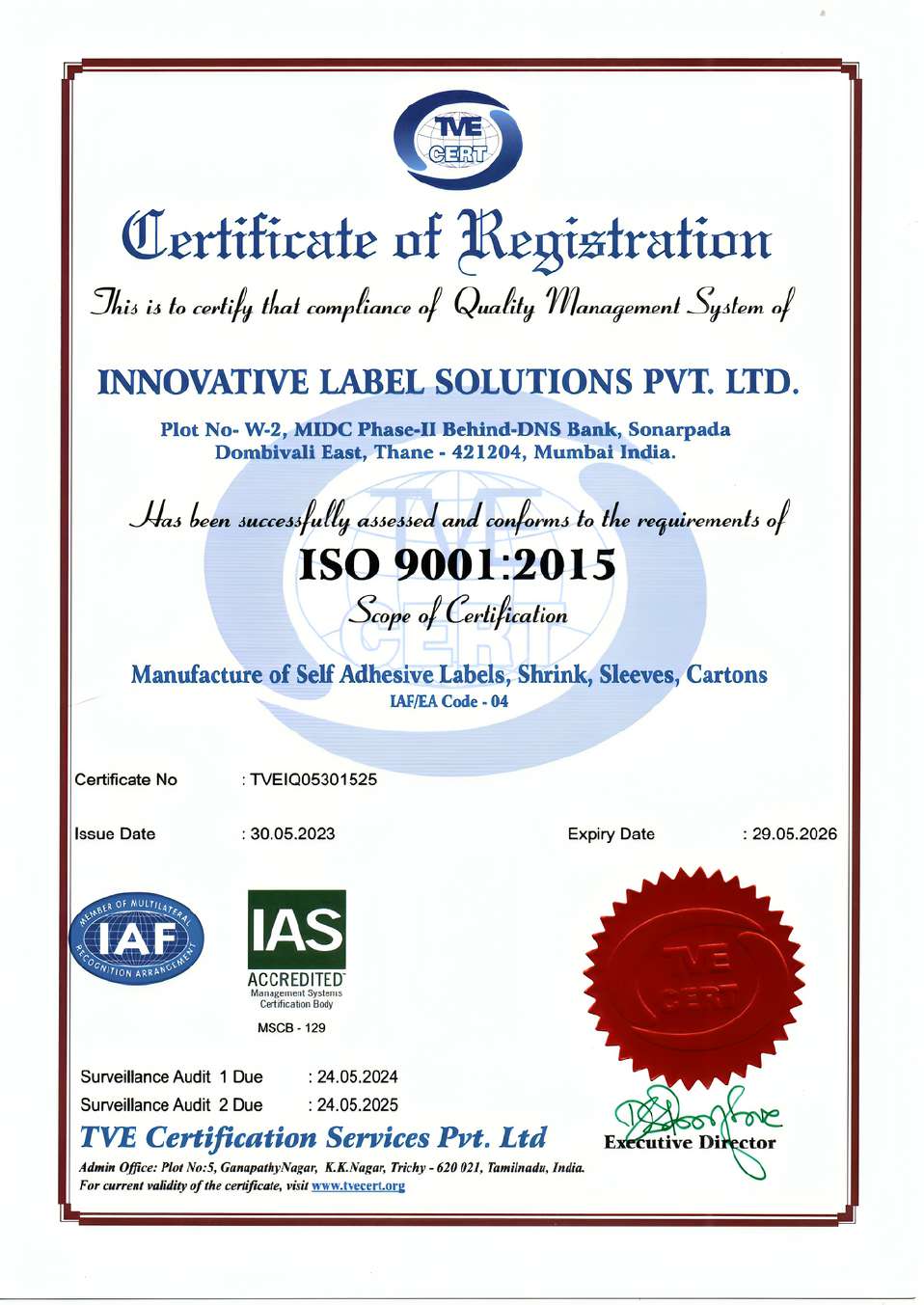 ISO 9001:2015 Certificate for Innovative Label Solutions